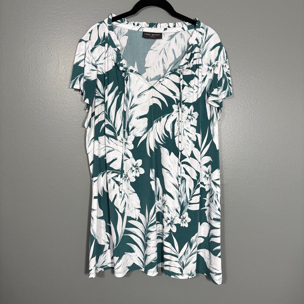Lane Bryant Green & White Tropical Ruffle Top V-Neck - 18/20 - Women's Plus Size